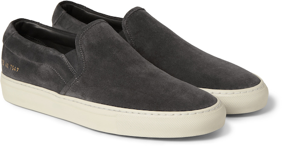 common-projects-suede-blk-slip-on-sneaker